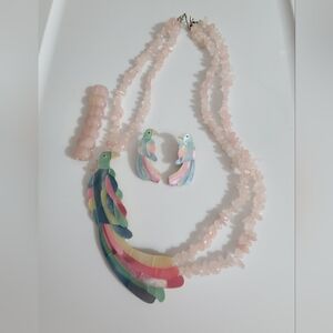 Vintage MOP Parrot bird rose quartz necklace earrings bracelet Lee sands estate